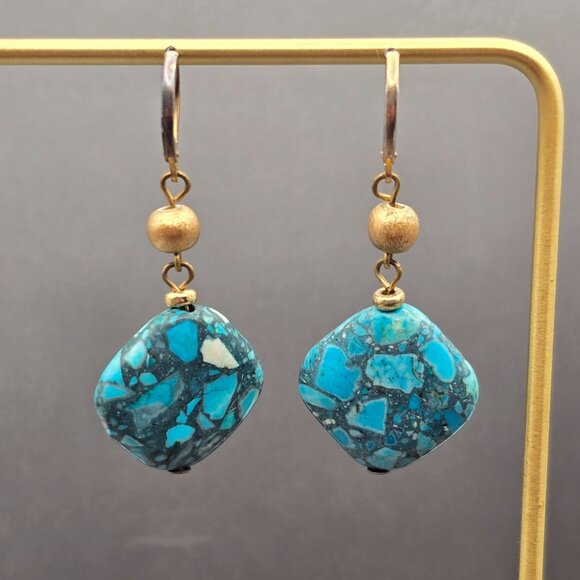 Faux Turquoise Dangle Earrings 2" Gold-Tone Accents & Lever Back Hooks - Picture 5 of 10